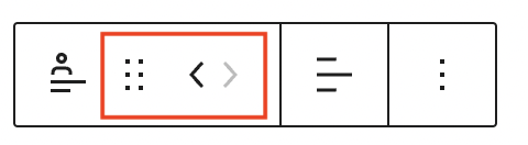 Block toolbar options for the Post Author Name block with a red box around the mover controls for left and right options. 