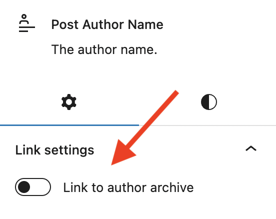 Post Author Name settings showing a red arrow pointing to the option to toggle on and off the ability to link to an author's archive. 