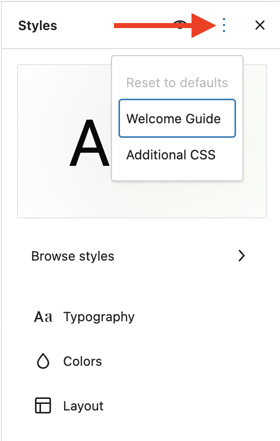 A red arrow pointing to the three dot menu where, when clicked, the Welcome Guide can be opened. 