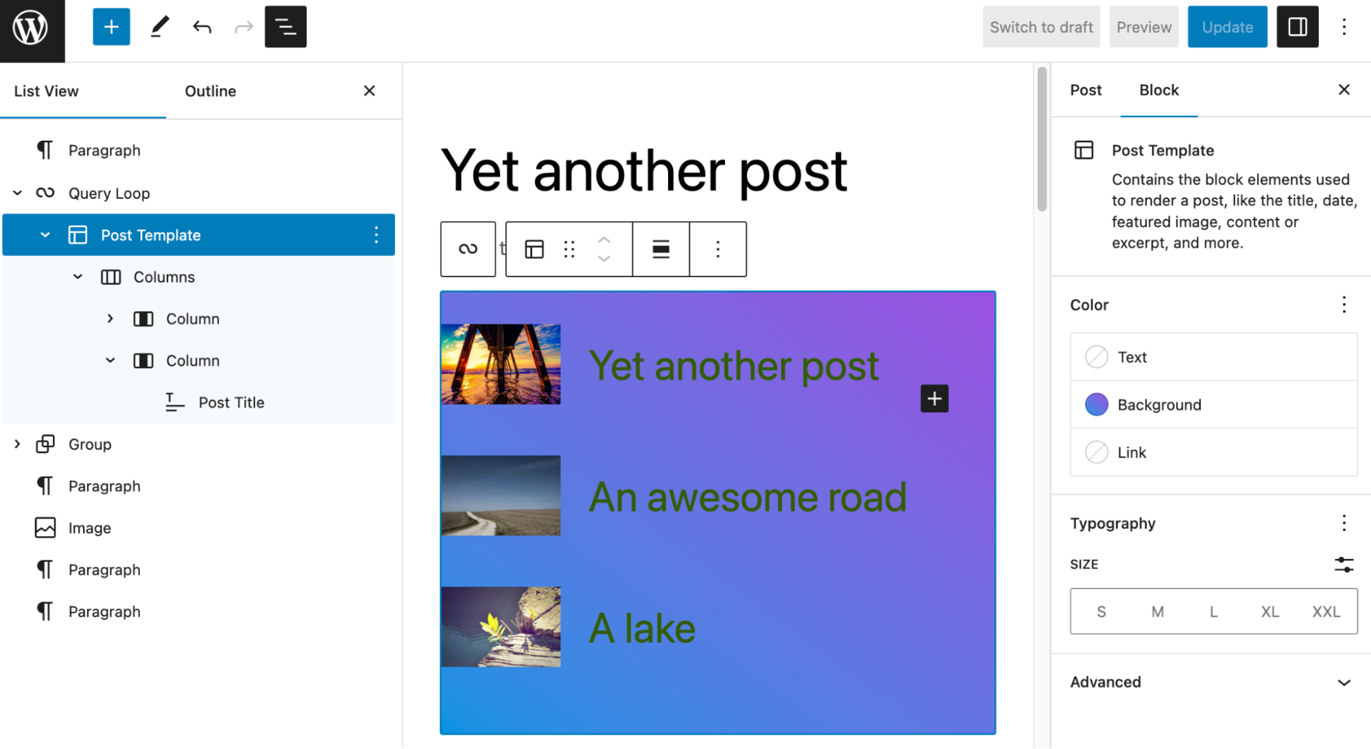 Customizing query loop block color