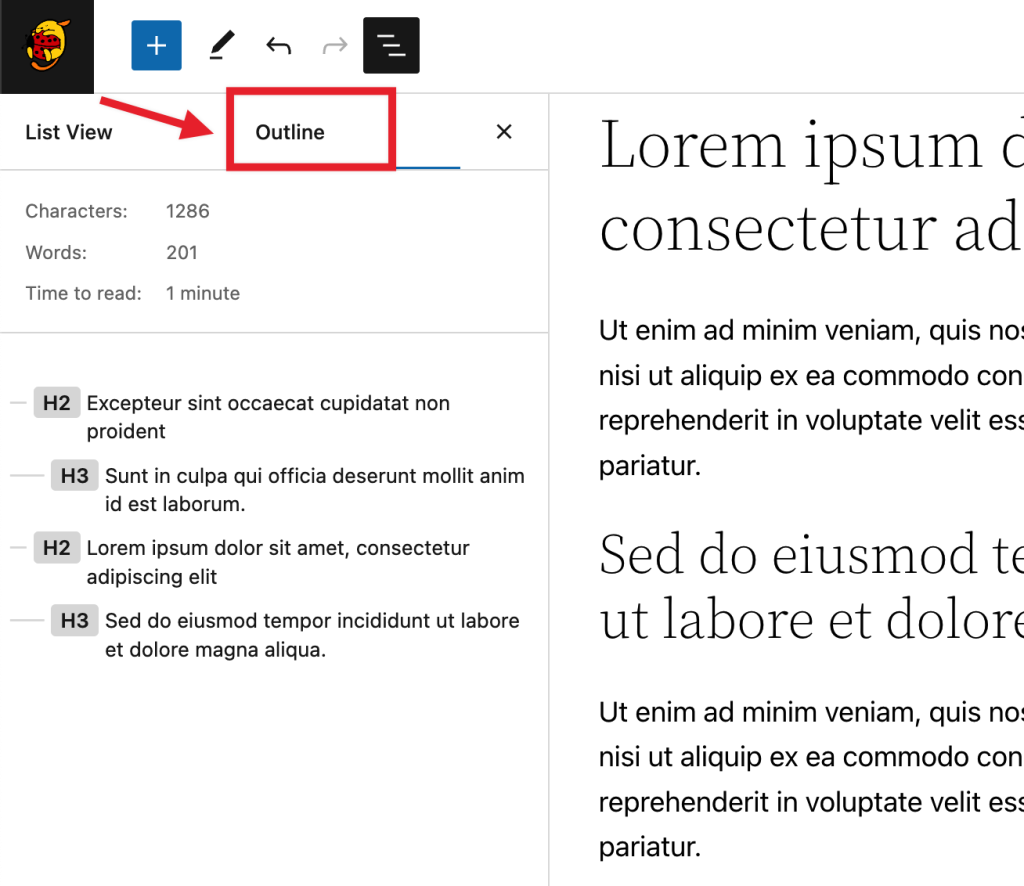 The outline tab on the list view