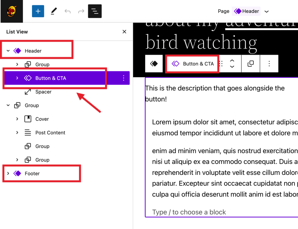 Screenshot of the list view with template parts and reusable blocks being highlighted in purple.