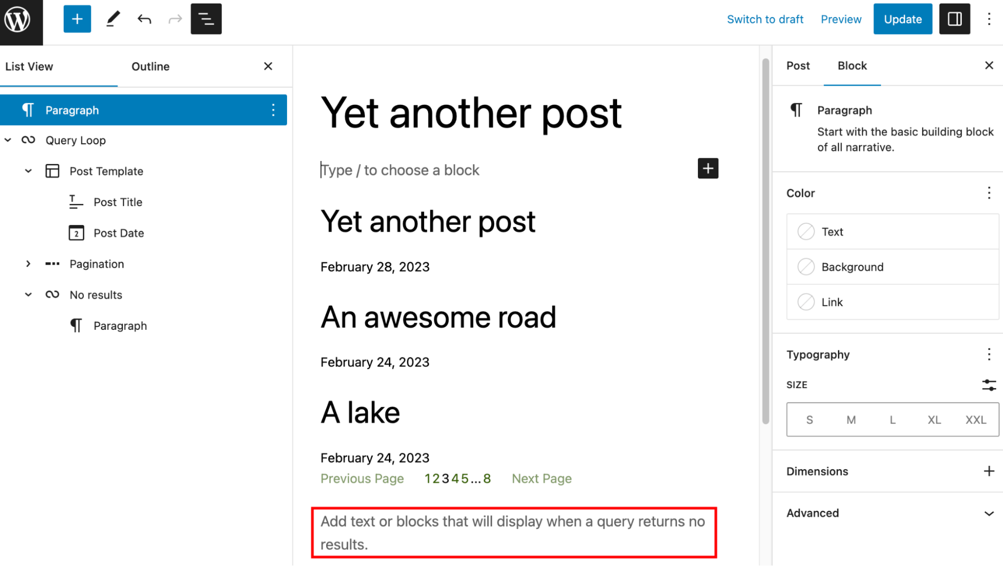 No results text for query loop block