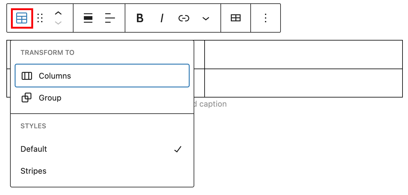 The transform options for the table block