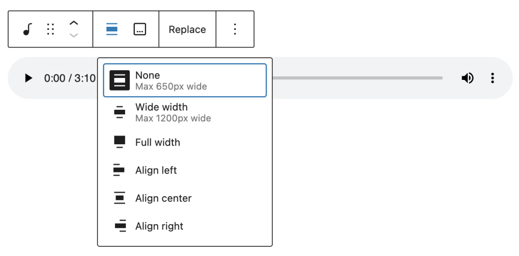Alignment settings for the audio block.
