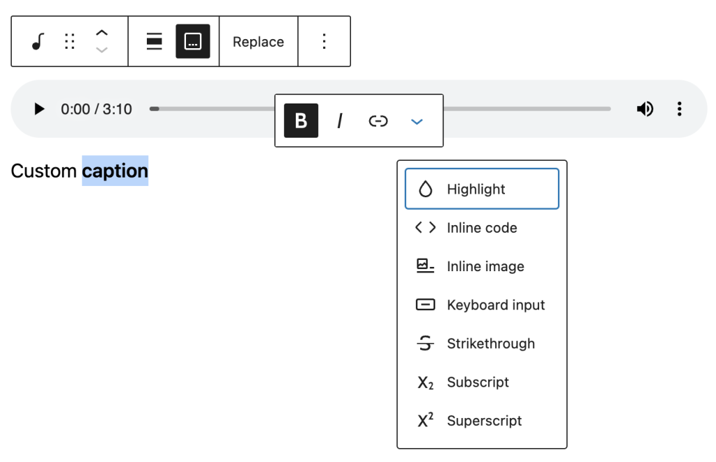The caption has a toolbar with options for making selected text bold or italic, an option to add a link, and a "more options" menu.
More options include highlighting text, inline code, inline image, and more.