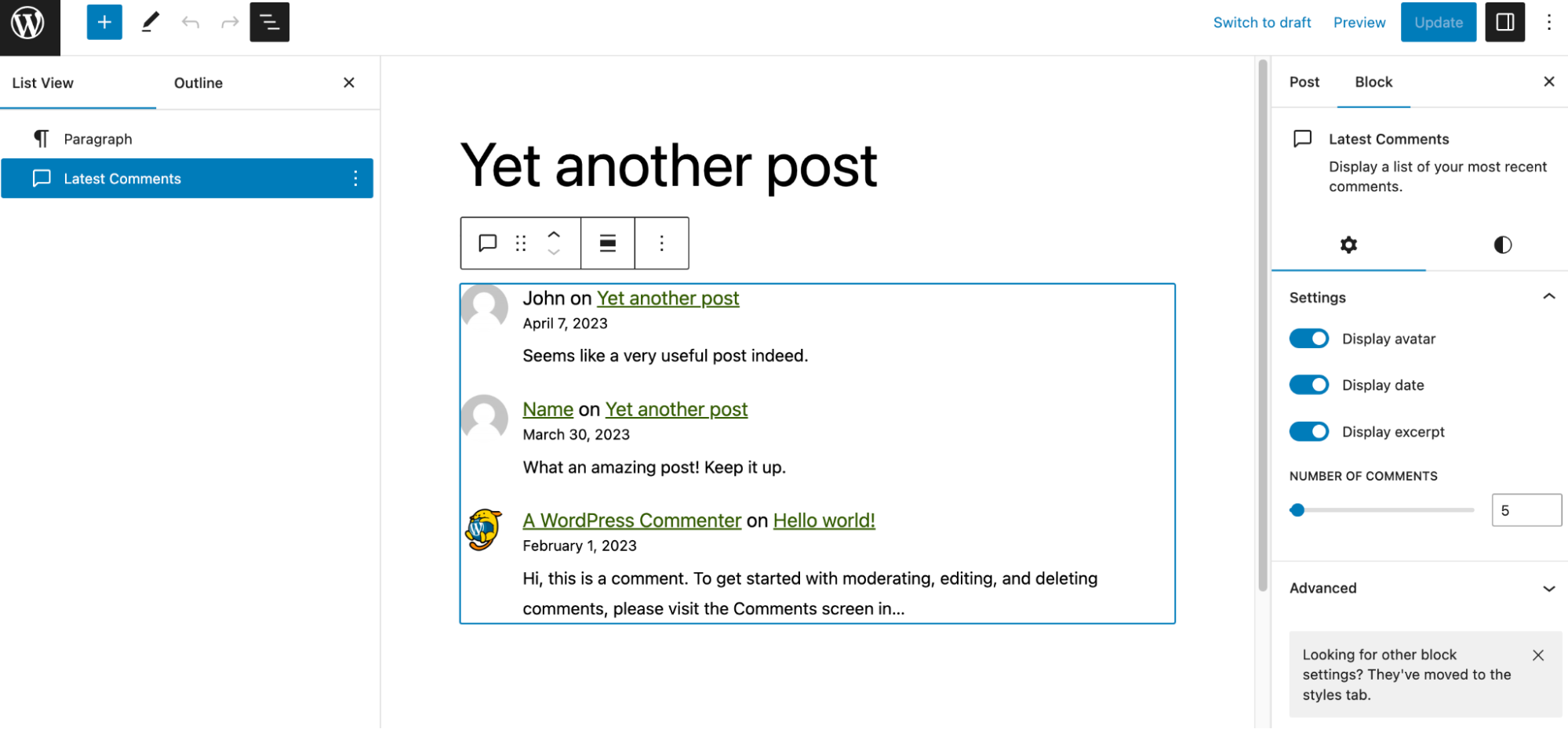 The Latest Comments block on the editor