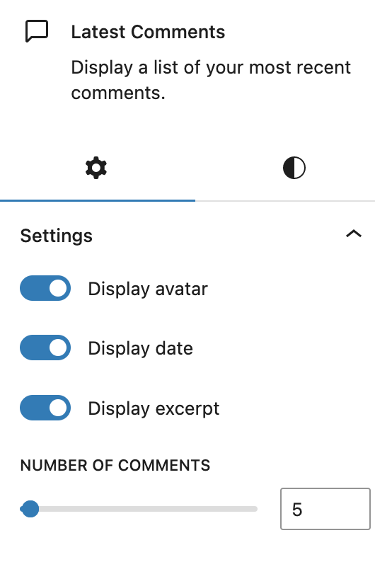 The Latest Comments block settings panel