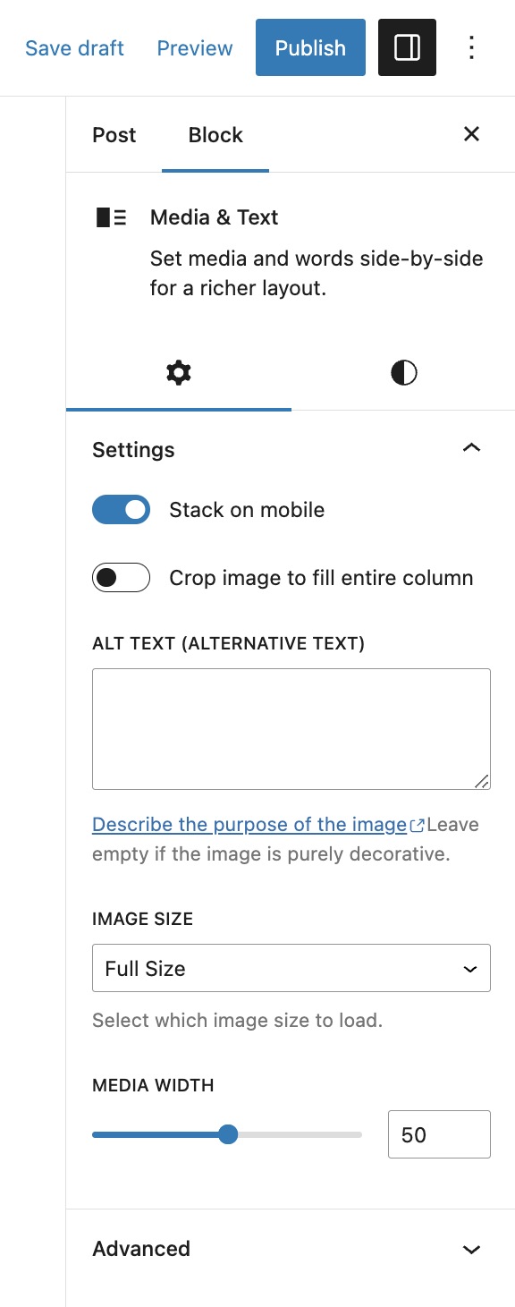 Media & Text block settings