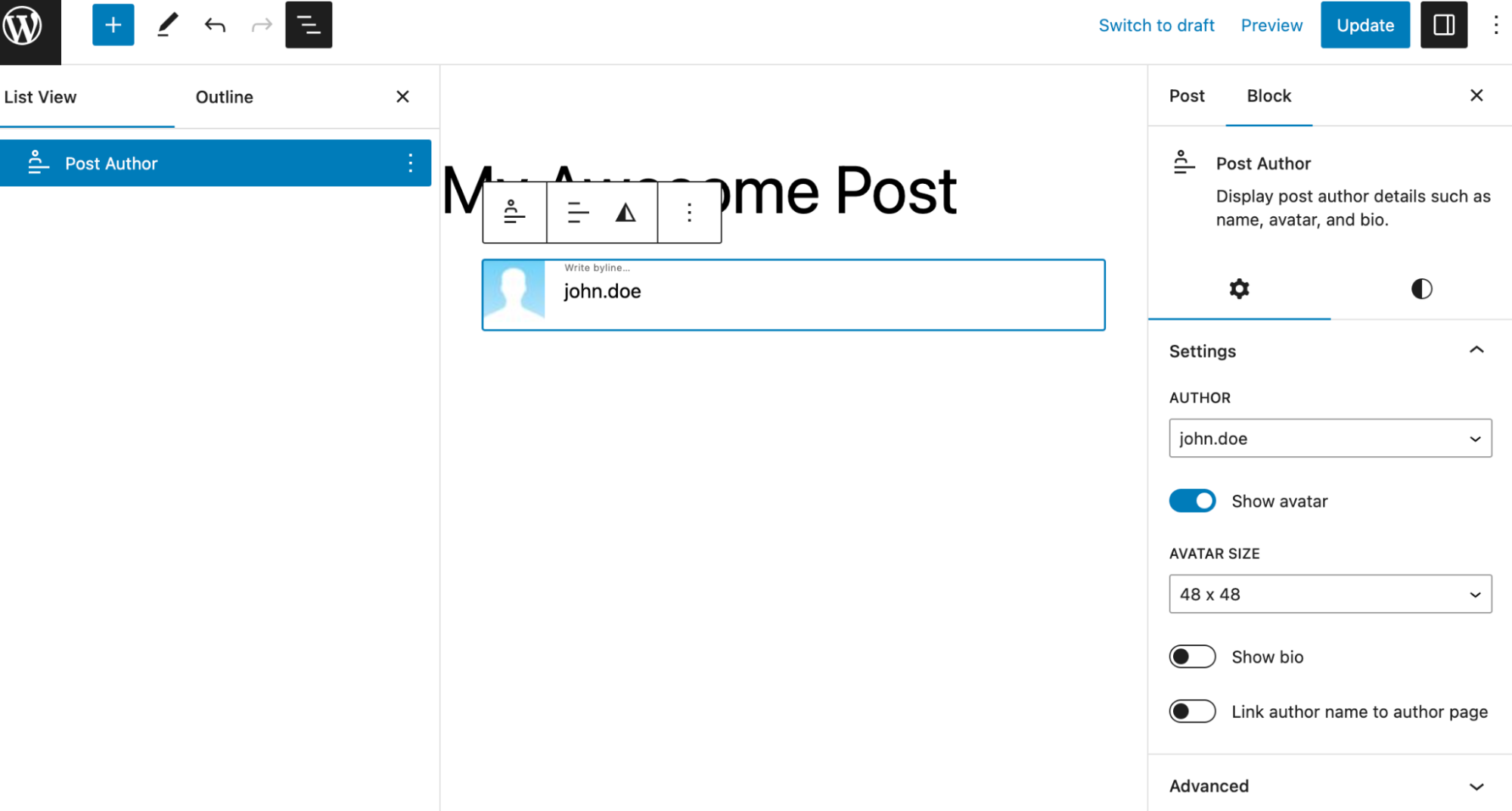 Post author block on the editor