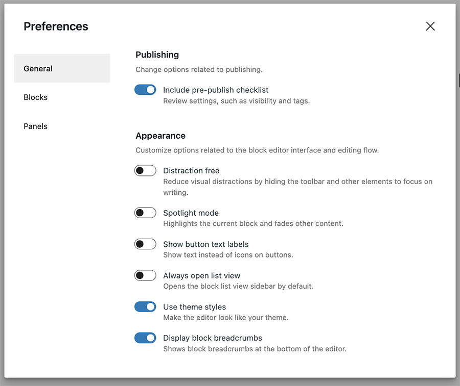General tab in Preferences in WordPress Block Editor