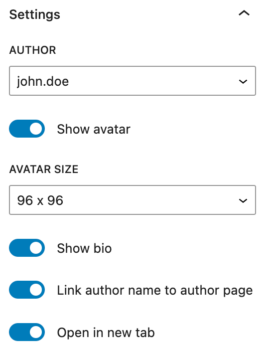 The post author block setting options