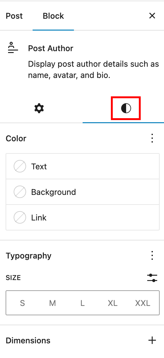 The style tab on the block settings panel
