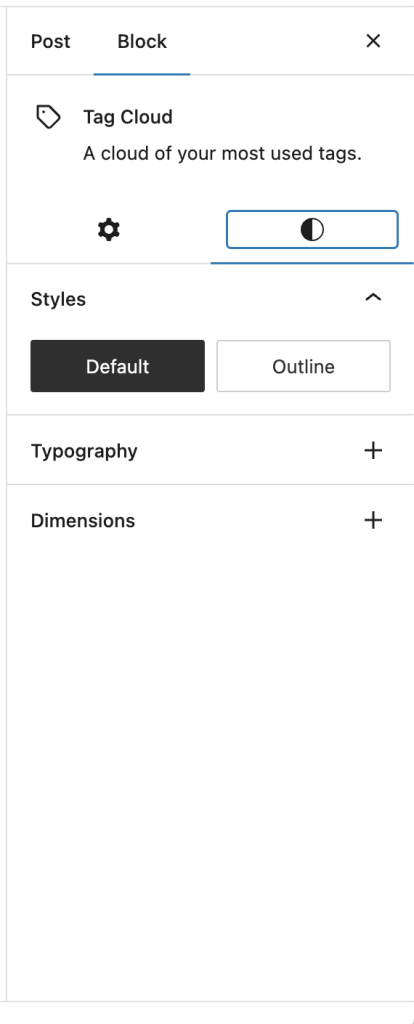 The block settings sidebar with the styles tab opened.