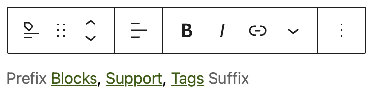 The placeholder texts, Prefix and Suffix, are visible when the Tags  block is selected.