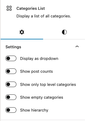 Block settings in the sidebar for Categories List block