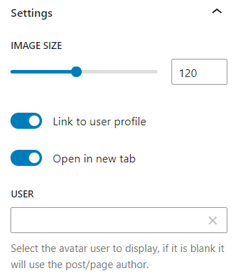 The avatar block setting options