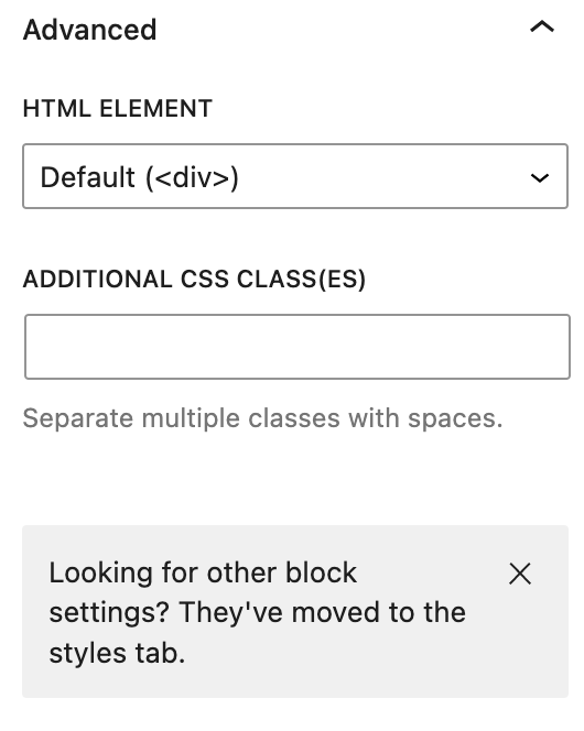 The advanced settings on the block settings panel