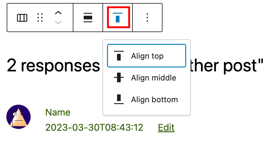 The vertical alignment options on the Comments block toolbar