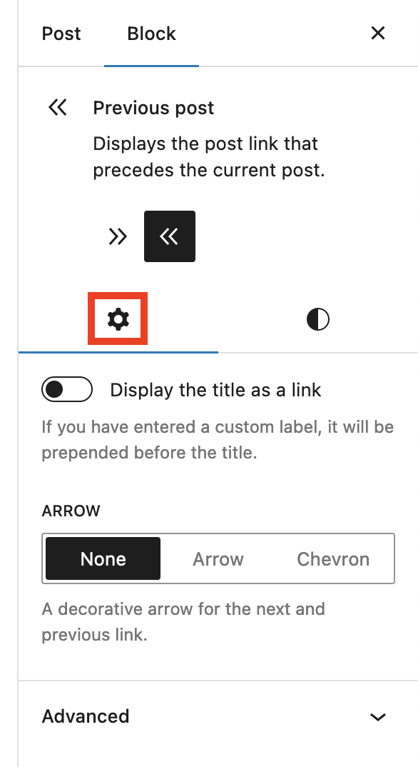 Block settings for the previous post block