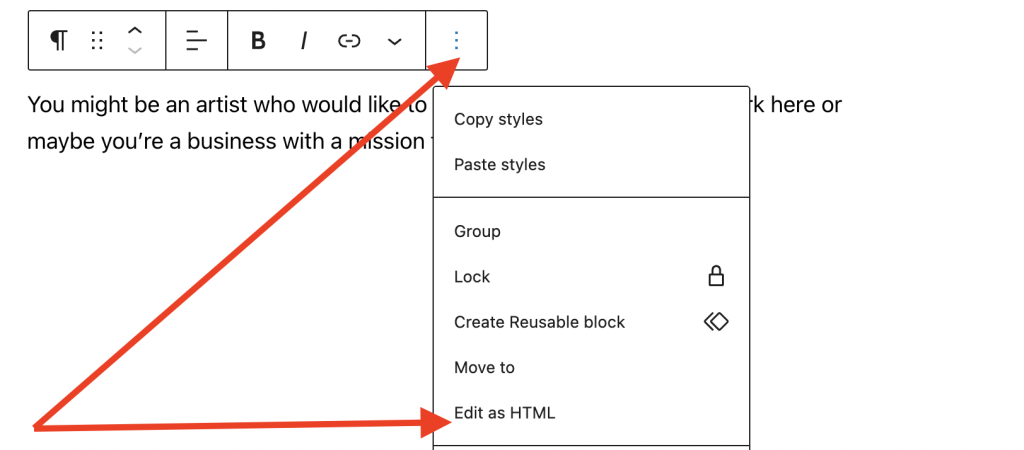 Showing the option to edit a block as HTML option