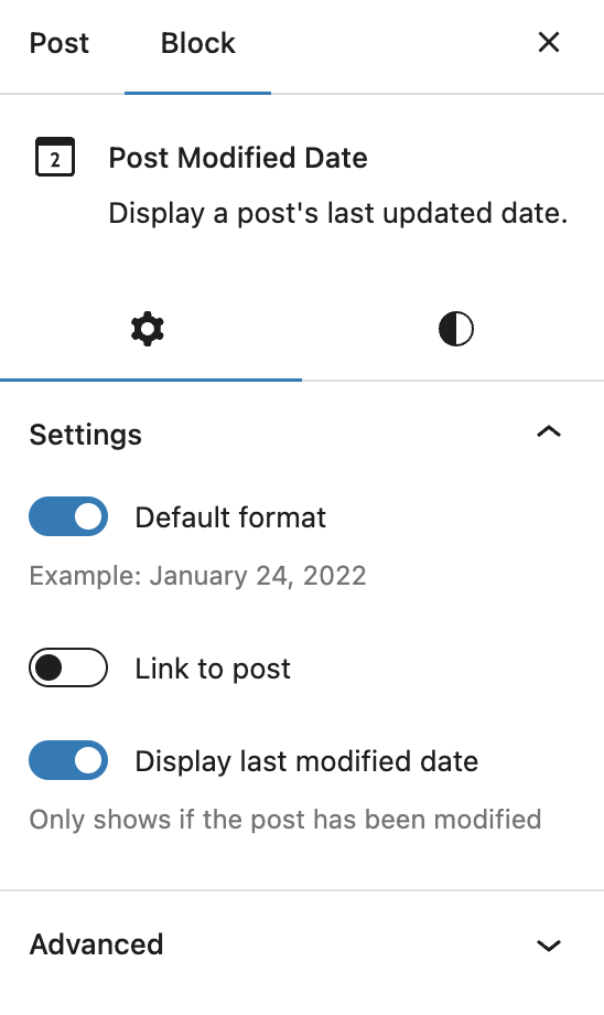 The block sidebar settings tab.