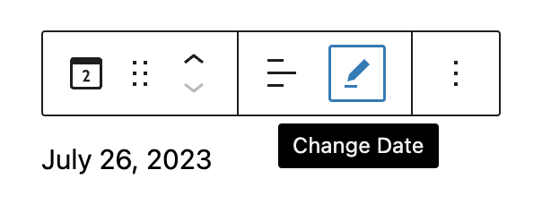 The "Change date" option in the block toolbar is next to the text alignment option and uses the pen icon.