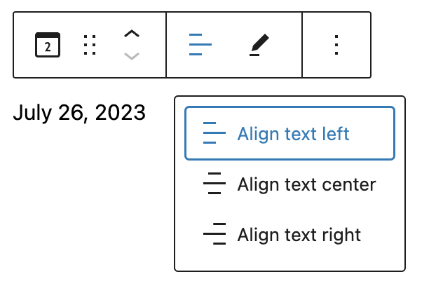 The block toolbar has a dropdown menu with options to align text to the left, center, and right.