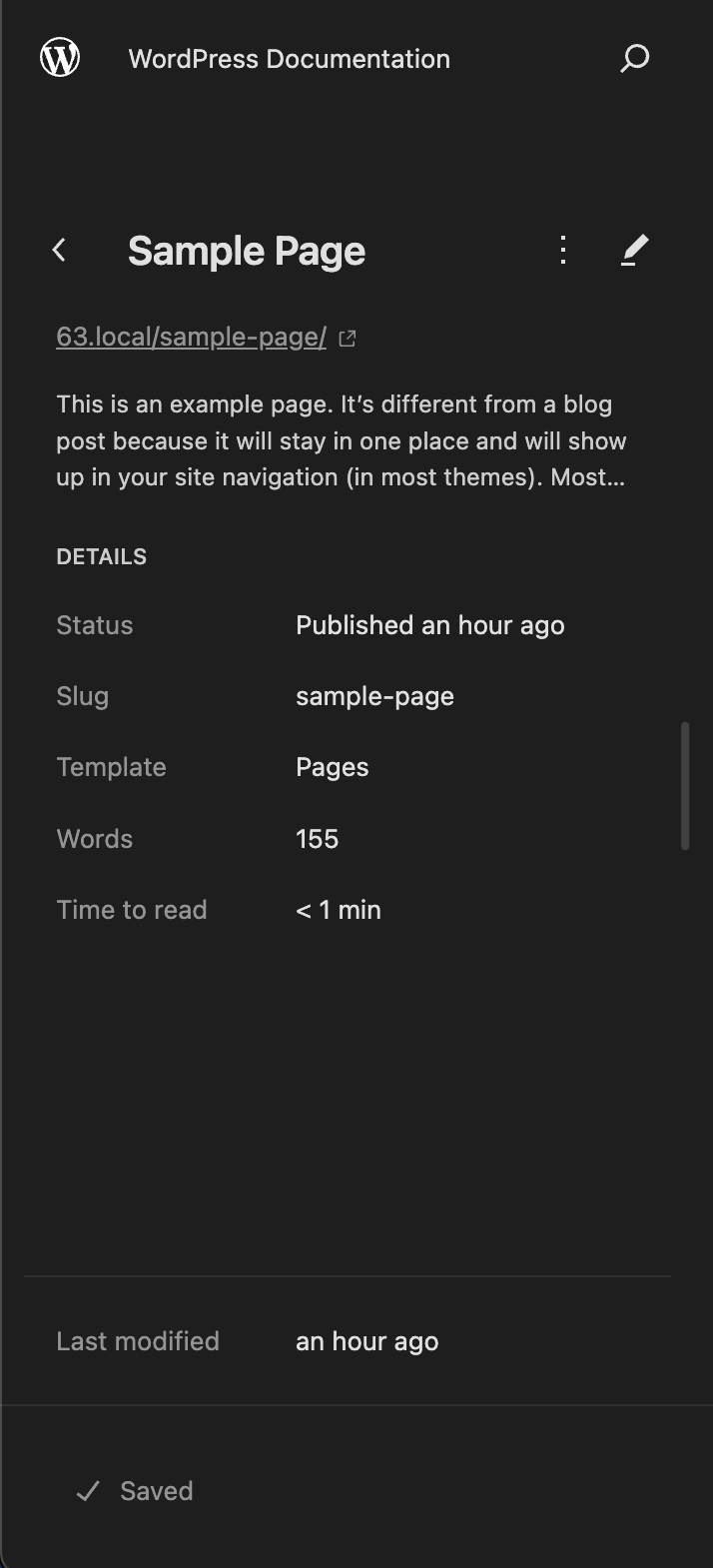 The page details sidebar displays information about the page below the page title.