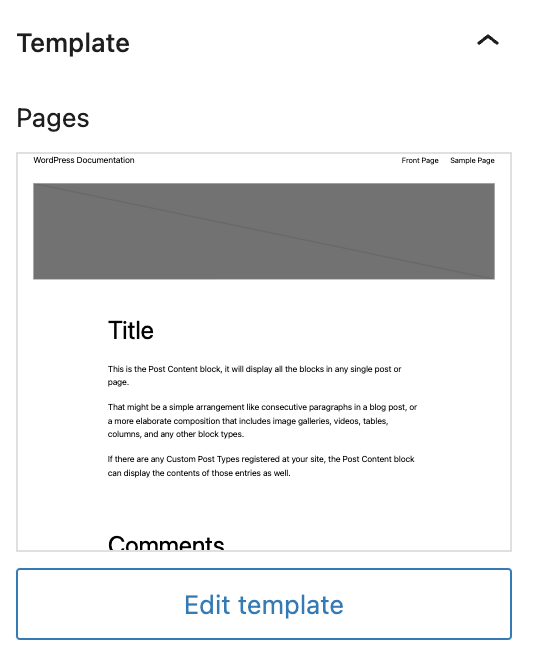 The template panel in the settings sidebar shows the name of the template, a preview, and a "Edit template" button.