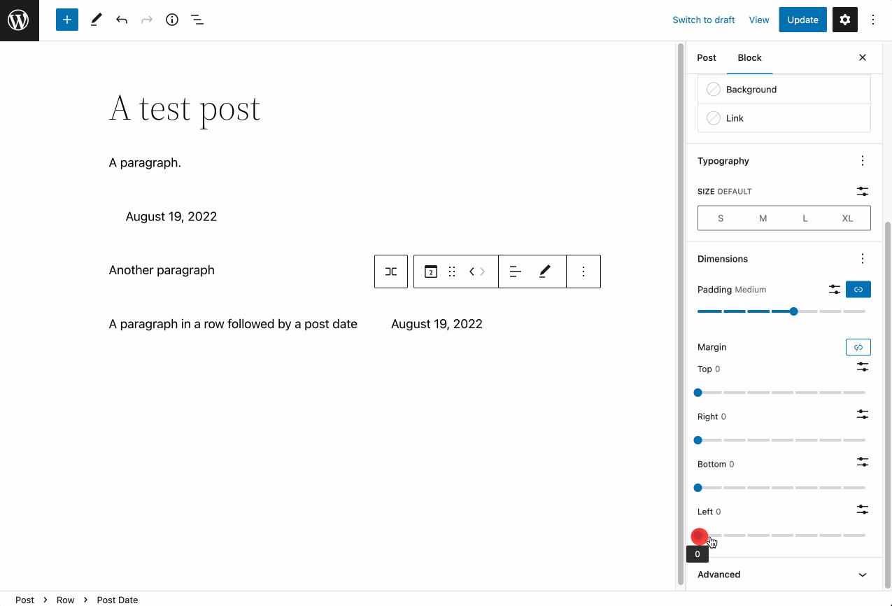 In Dimension setting, padding and margin shows control slider for top, right, bottom and left.
