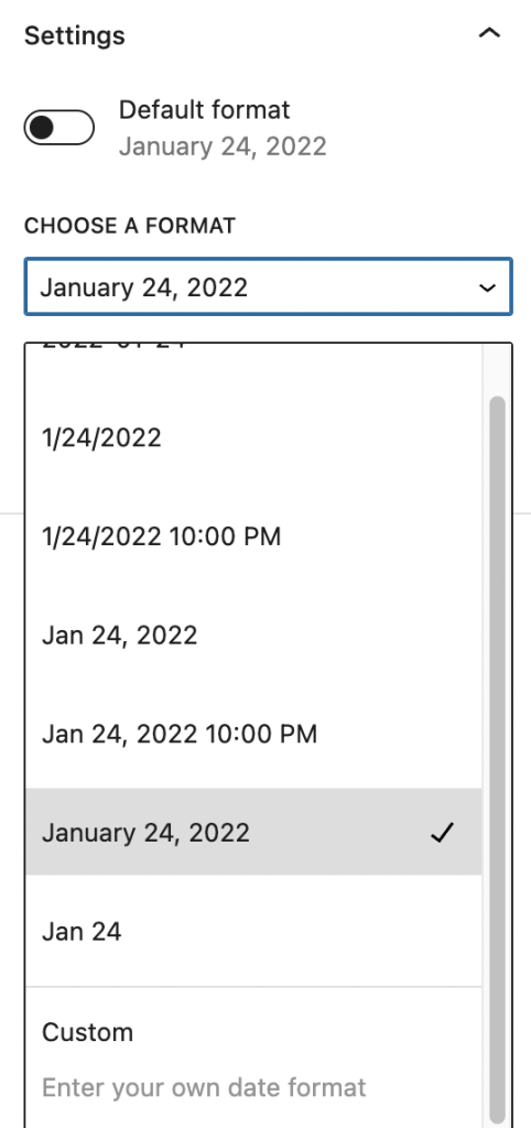 Default format option in Post Date block settings shows the list of date formats to choose from.