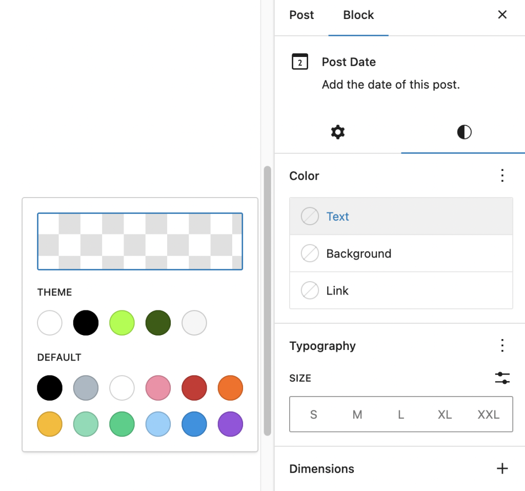 Color setting from Post Date block style in the sidebar shows colors to add in the Text, Background and in Link.
