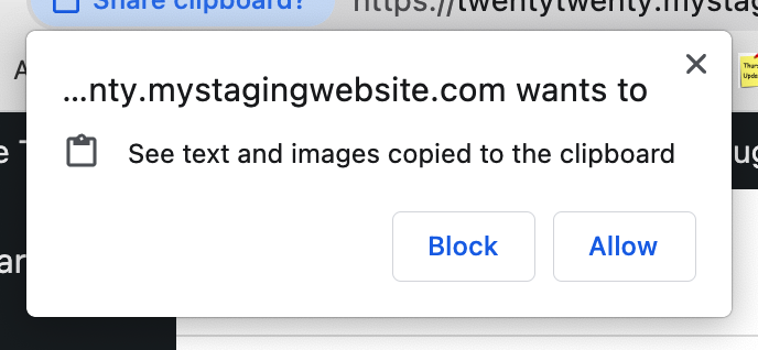 Browser pop-up asking if for permissions to let the website access the clipboard.