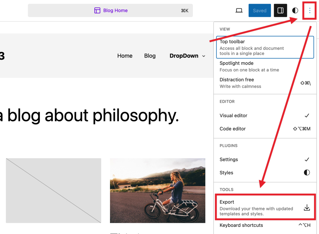How to find the "Export" option under the three-dot "More Options" menu on the top right part of the screen.