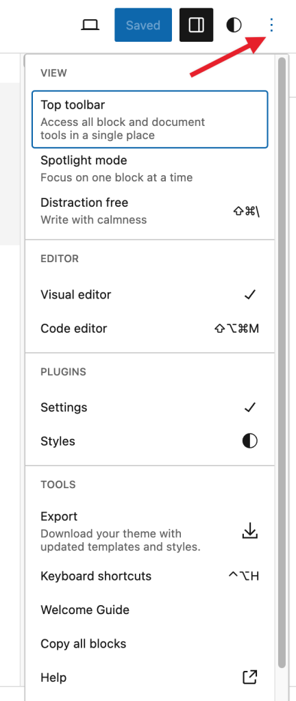 Site editor with an arrow pointing to the three dot menu where extra settings can be found. 