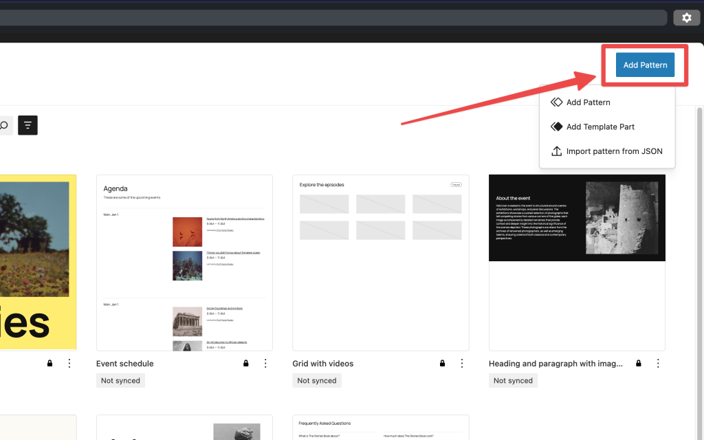 Plus sign icon to create new patterns