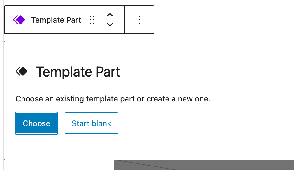 Template part block provides two buttons: "choose" and "start blank".