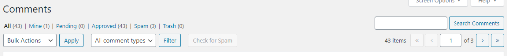 WordPress Comments dashboard showing the comment management toolbar. Tabs display counts for All, Mine, Pending, Approved, Spam, and Trash comments. Dropdown menus for ‘Bulk Actions’ and ‘All comment types’ are visible along with ‘Apply’ and ‘Filter’ buttons. A ‘Search Comments’ box appears on the right, and pagination controls.