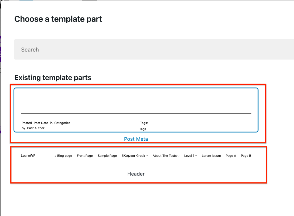 Using the "choose button", existing template parts can be selected.
