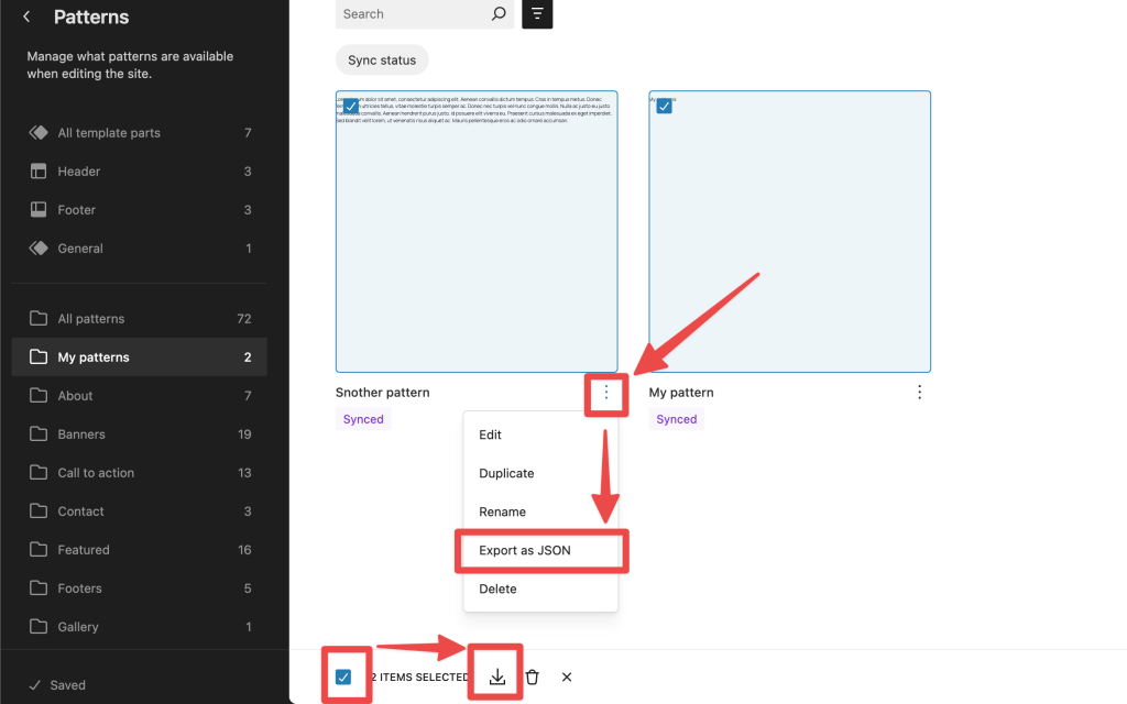 Export patterns option showcased on single pattern and as a part of the bulk edit.