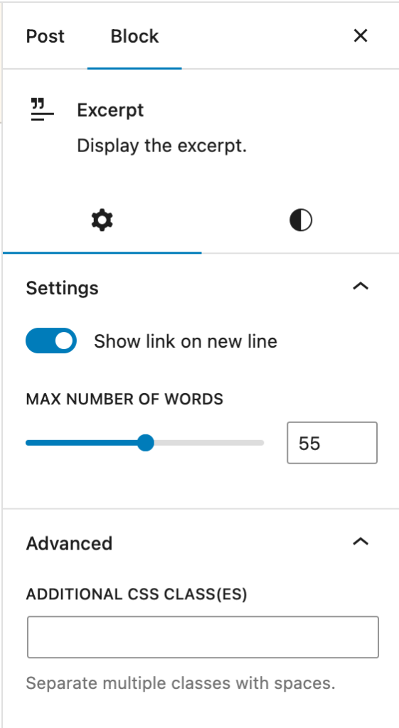 After enabling the sidebar, the block section shows the settings and style for excerpt block.