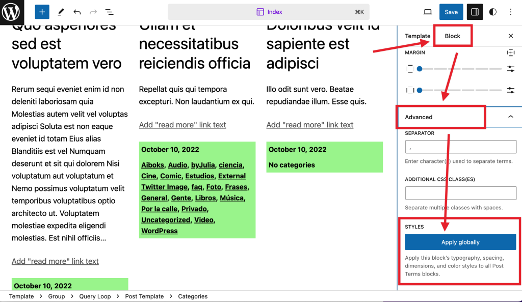 How to apply the current's block style to all styles of that same type across your site by clicking on Block Settings > Advanced > Apply Globally