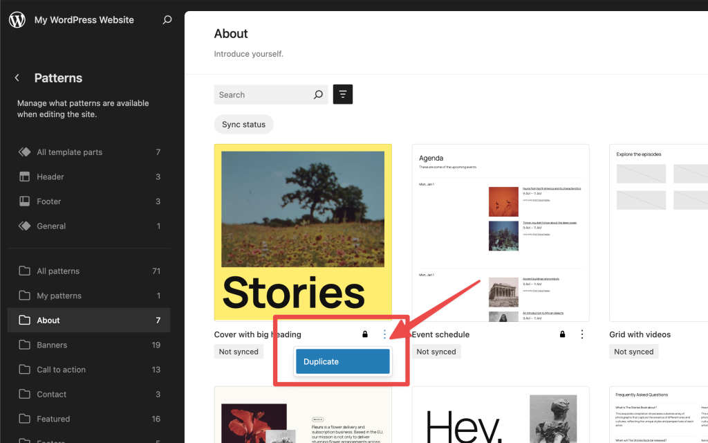 Theme patterns' duplicate option