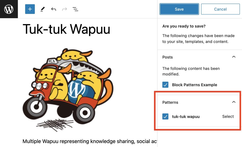 Message confirming that a patterns is about to be saved.