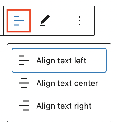 Change text alignment options in post date block toolbar shows in alignment icon beside the move arrows icon.