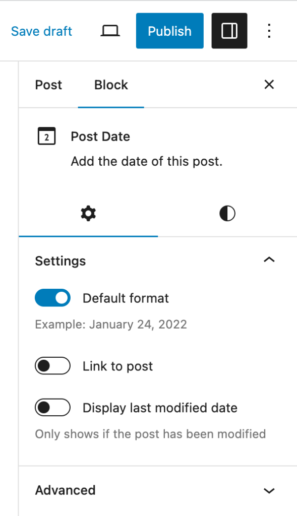 After enabling the sidebar, the block section shows the settings and style for post date block.