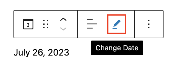 Next to alignment icon, change date option in post date block toolbar shows in pen icon.
