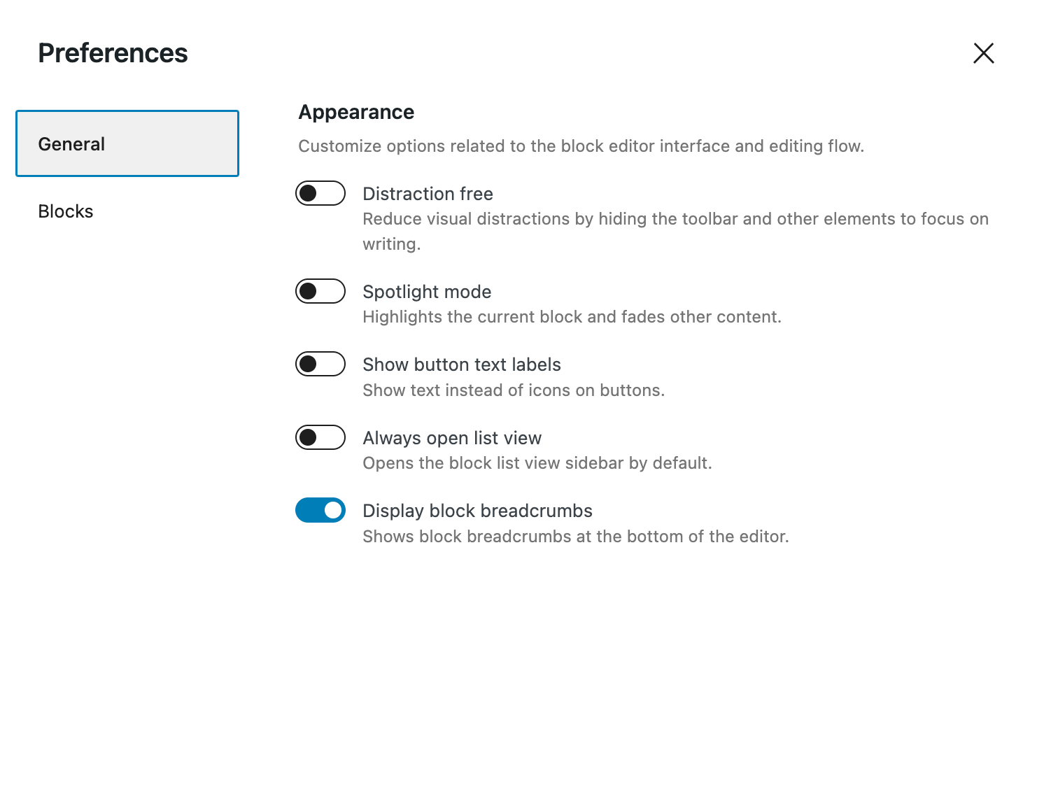 General tab in the Preferences in Site Editor