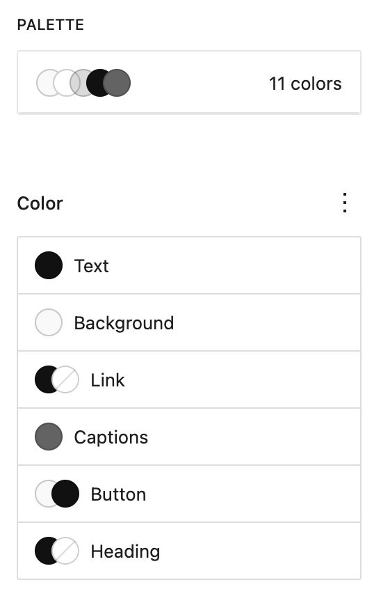 A screenshot of the default color palette - which includes a range of greyscale tones.